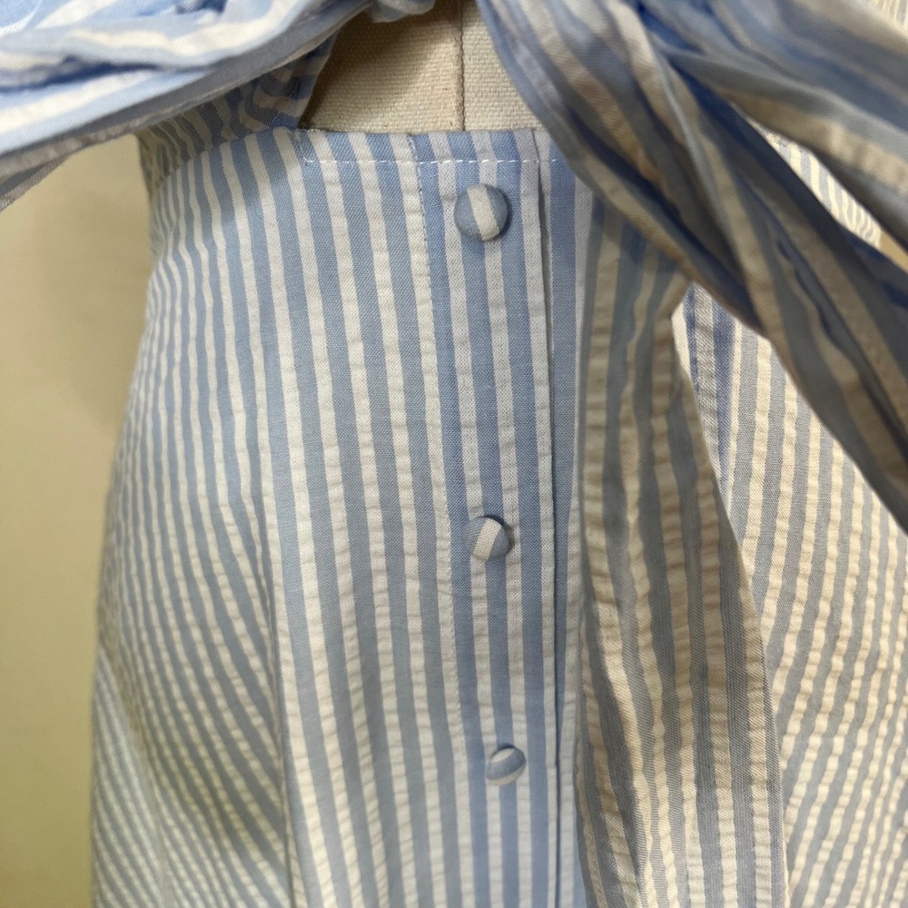 Lulus Blue White Striped Seersucker Tie Collared Midi Dress Size Small NWT - Picture 3 of 11